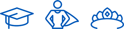 icons depicting a mortar board, superhero and tiara