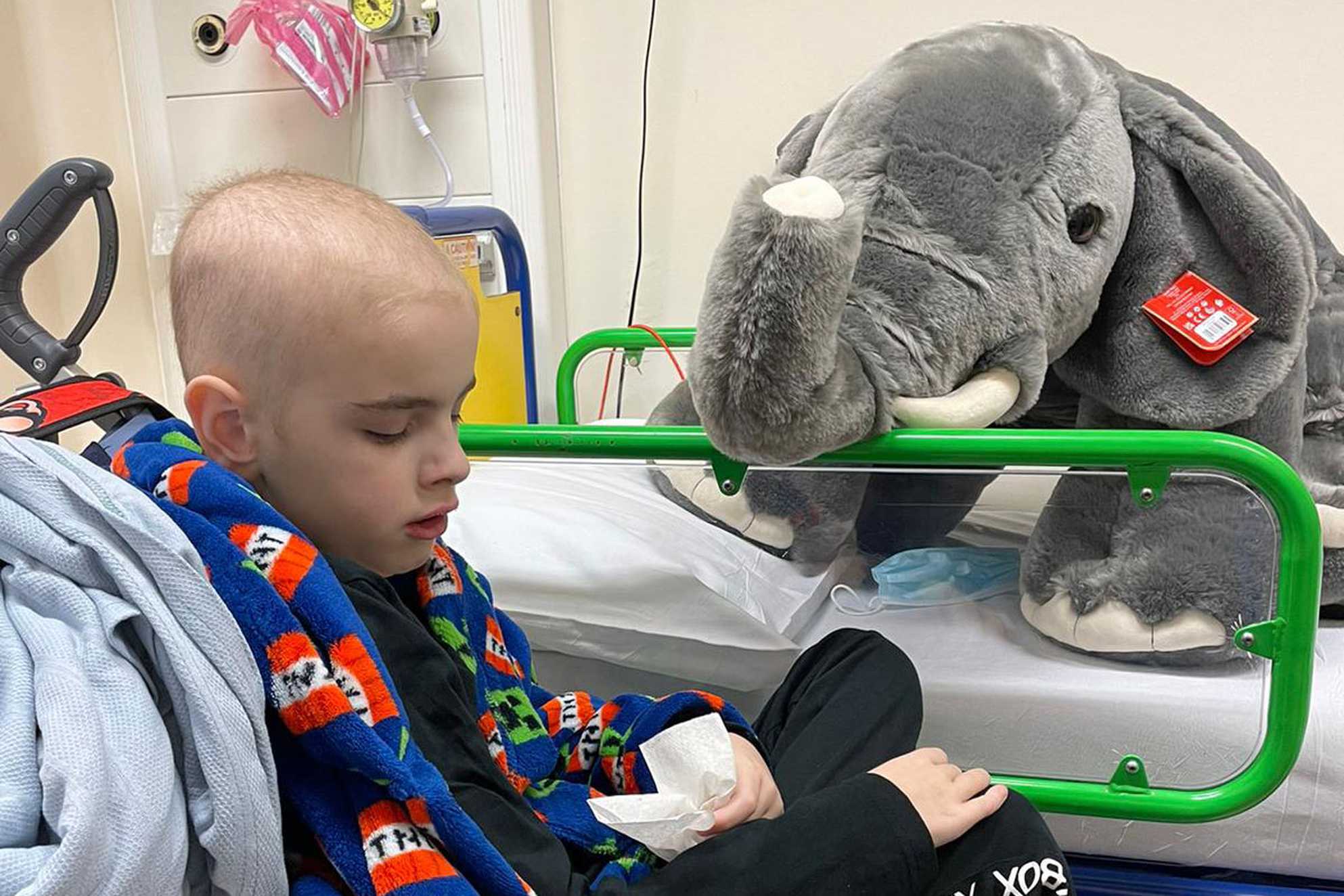 Joshua in hospital, with a large plush elephant sitting on his hospital bed.