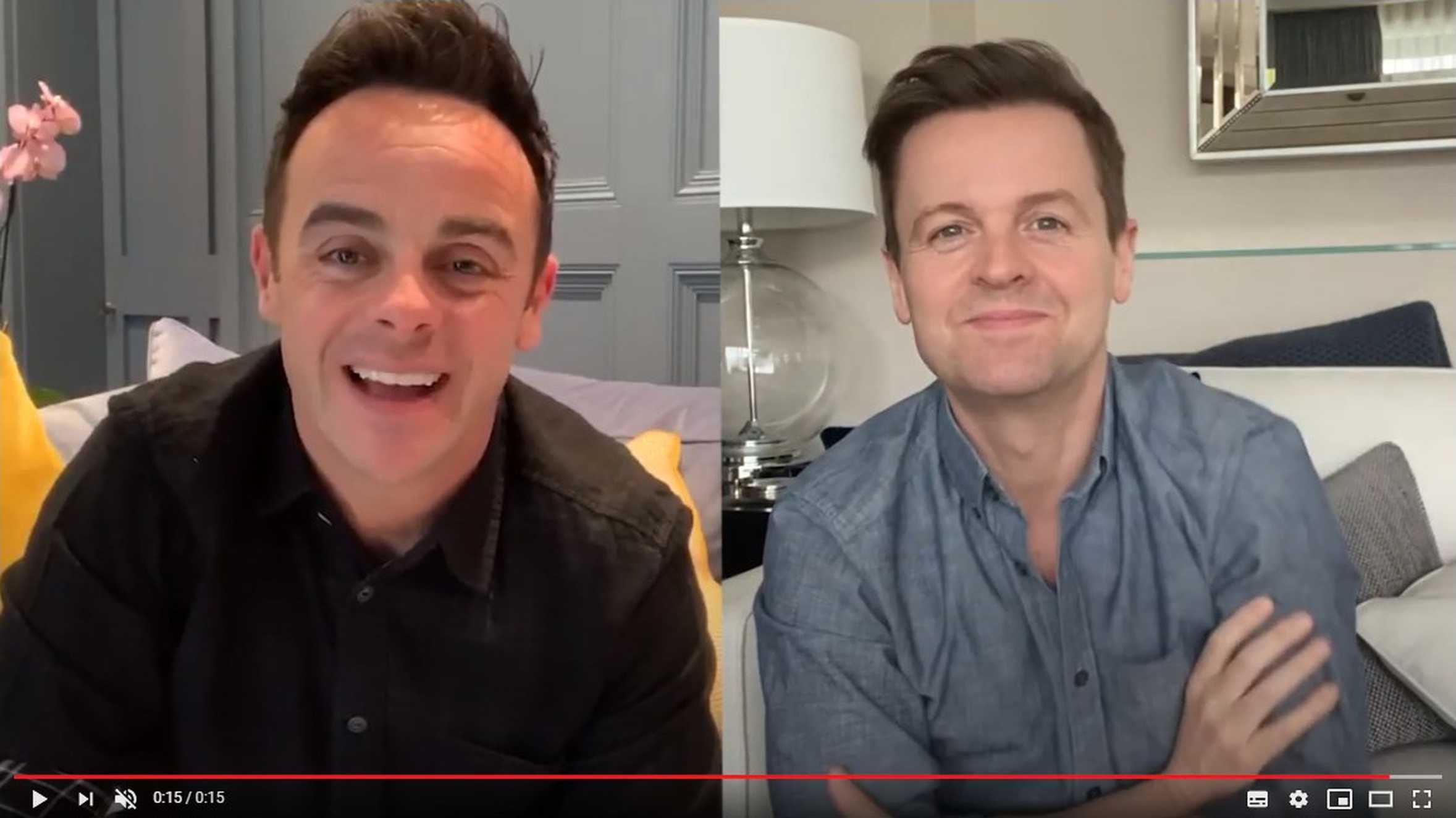 A still taken from the video of Ant & Dec speaking to camera from their homes.