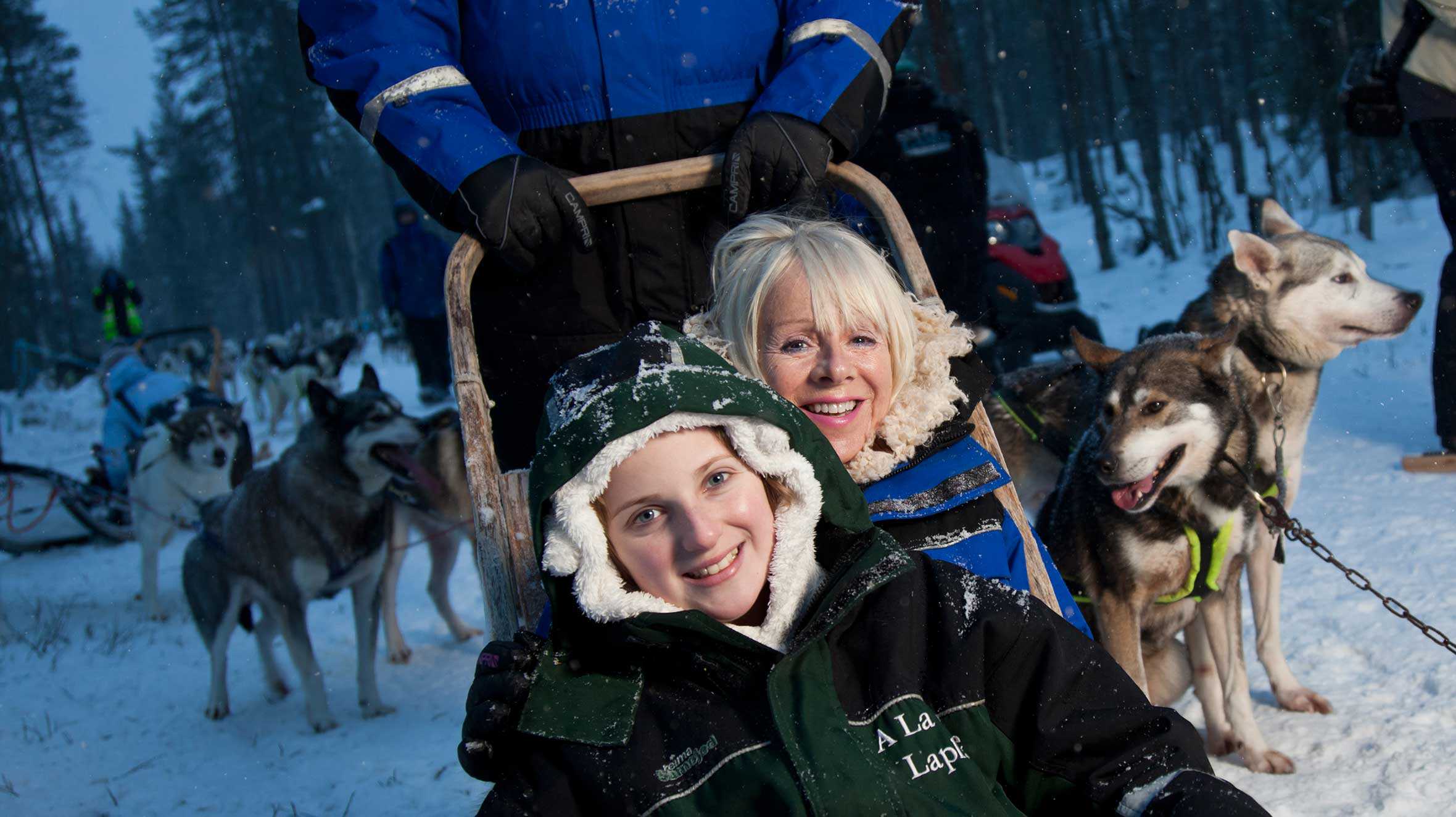 Ffion and her mum on a Husky ride in Lapland