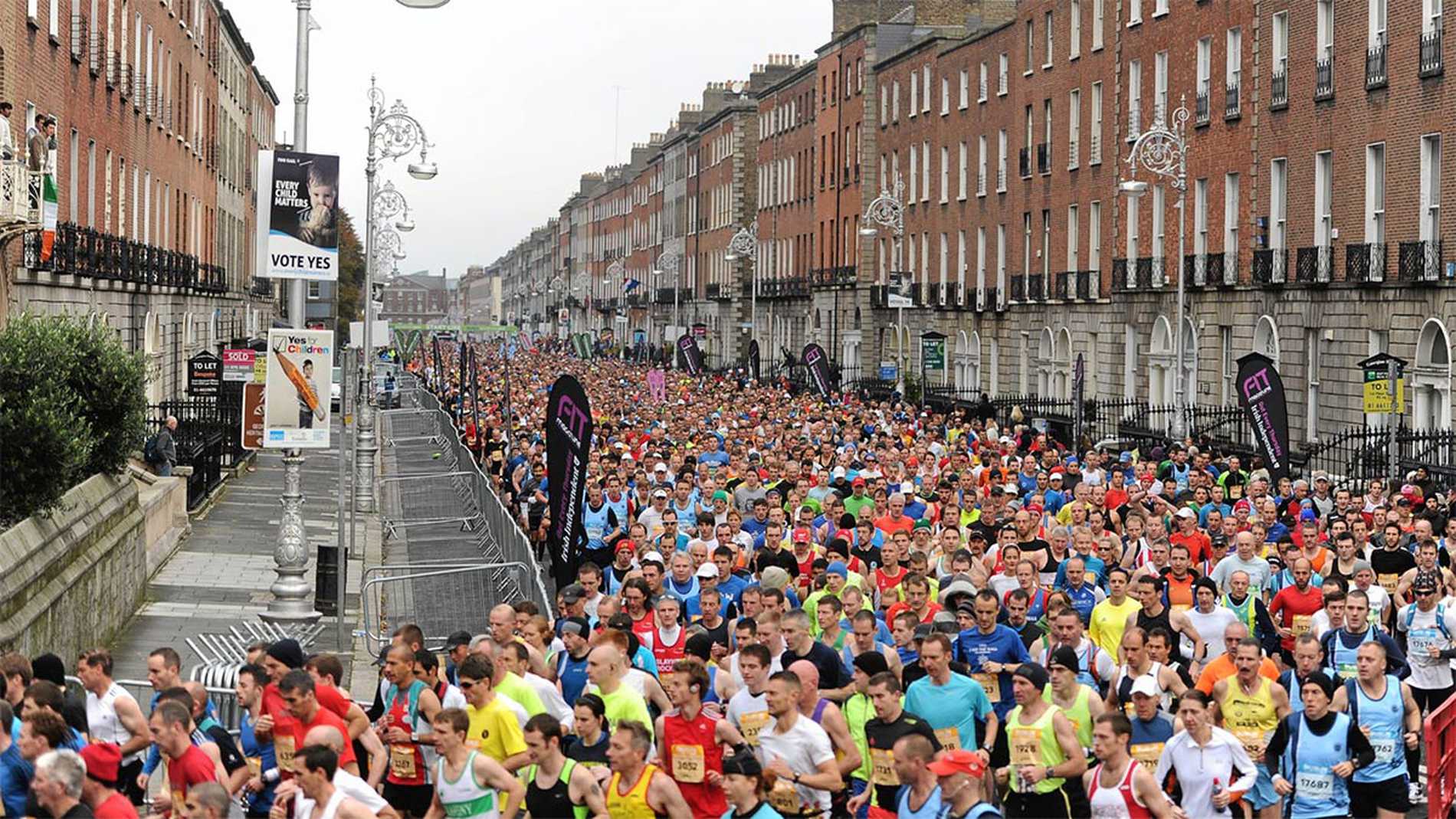 Hundreds of runners making their way through the city streets during the Dublin Marathon.