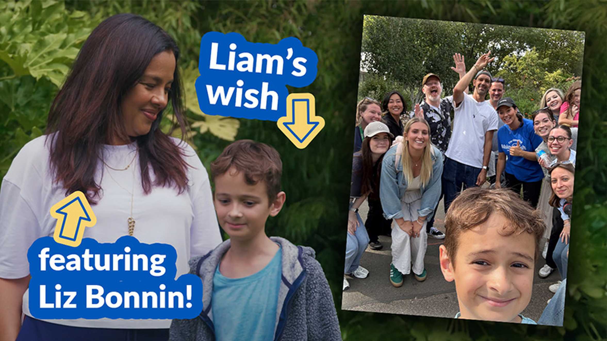 A photo of Liz Bonnin alongside Liam at his wish, with a group selfie of his family and the helpers alongside it