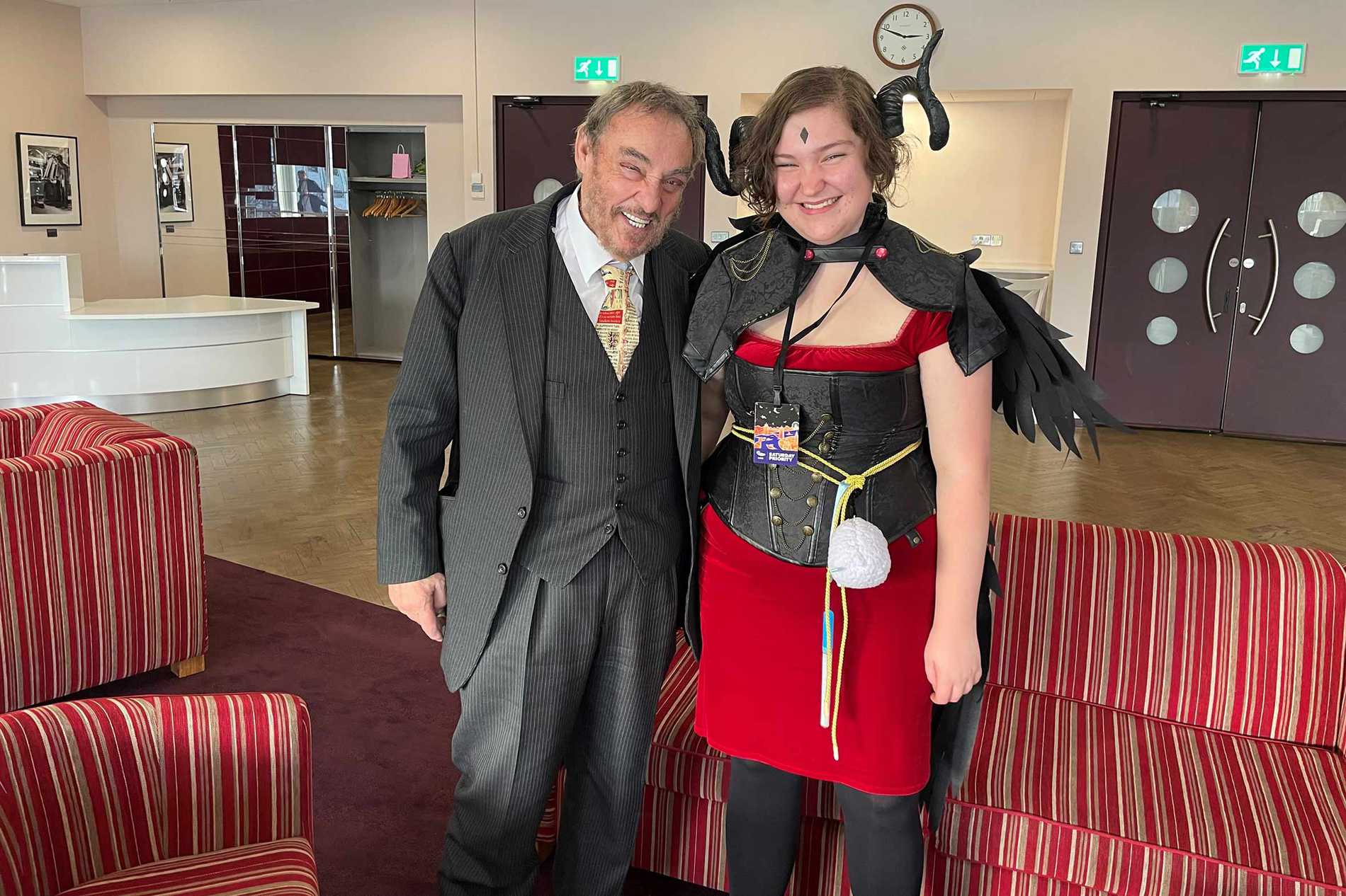 Elsie with actor, John Rhys-Davies, who played Gimli in the Lord of the Rings trilogy