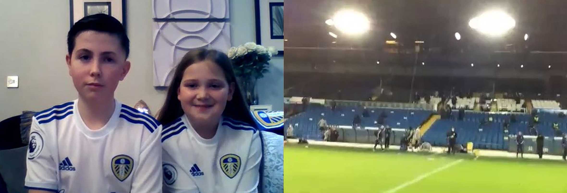A screenshot of Elliot and his sister, Verity on his Zoom call and being shown the Elland Road Stadium.