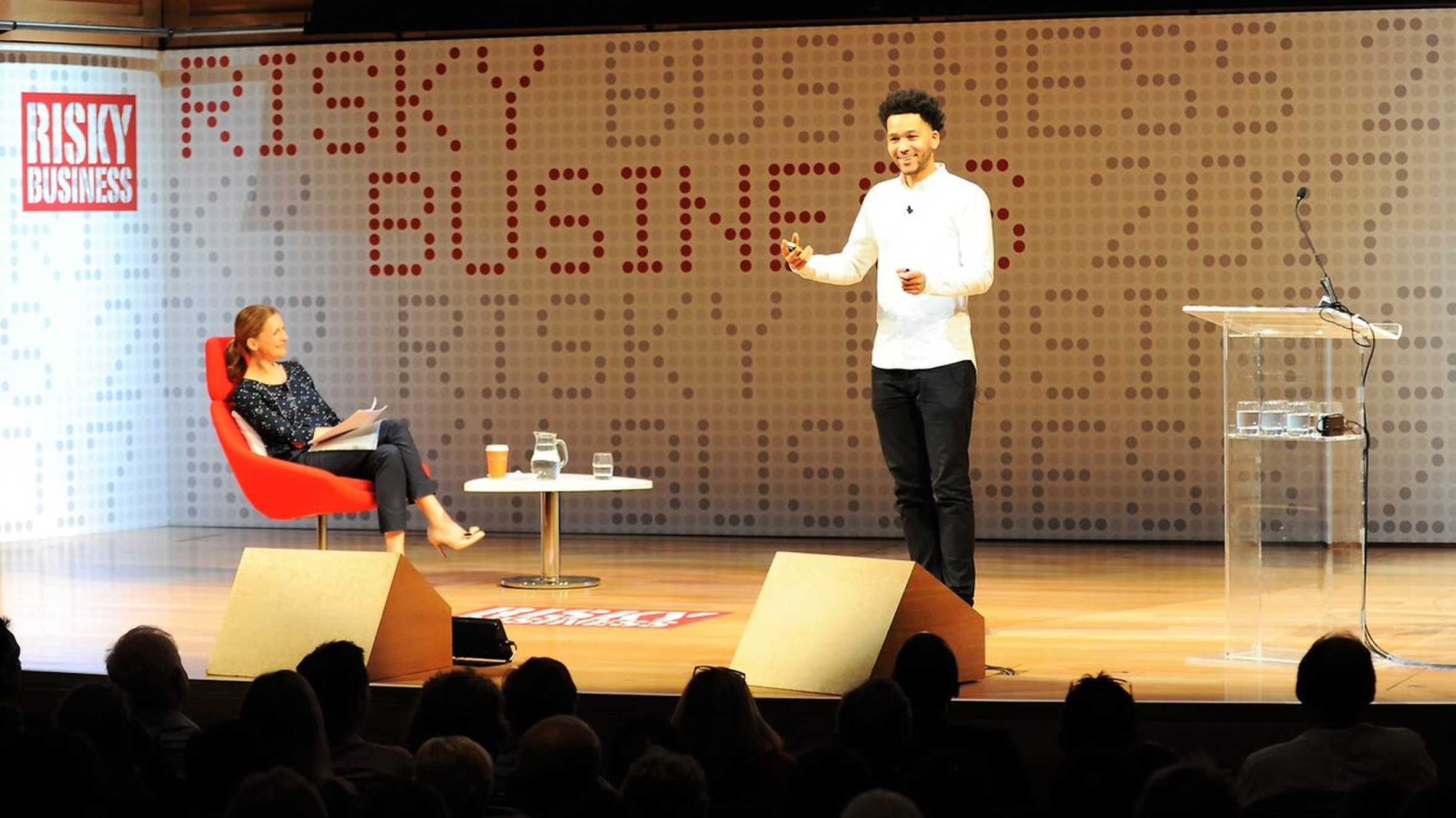 Anthony on stage during one of his motivational talks at the 2017 Risky Business event.