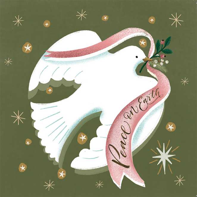 Cards for Good Causes Christmas card design featuring a white dove on a green background carrying a 'peace on earth' ribbon in its beak.
