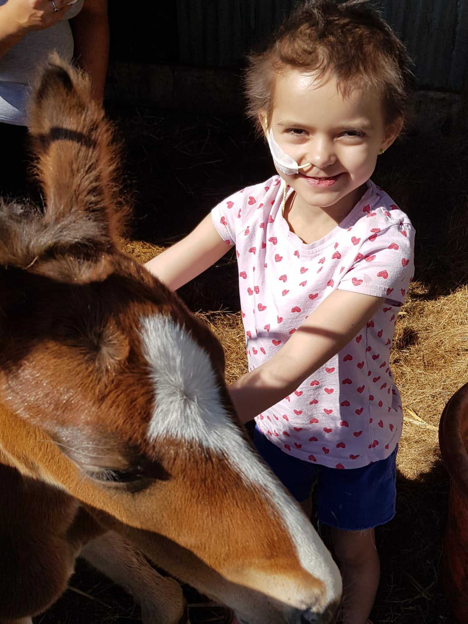 Kelsey stroking a horse with a big smile on her face