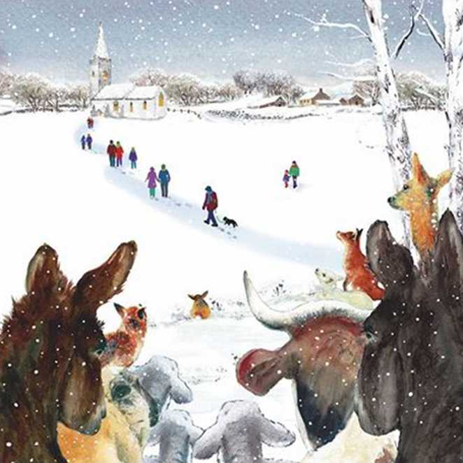 A Christmas card featuring an illustration of a winter scene.
