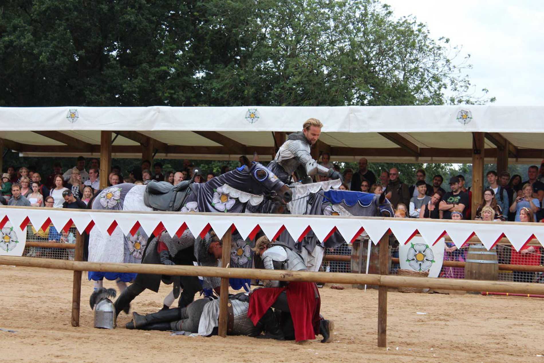 A knight recovering after being knocked off his horse during a joust.