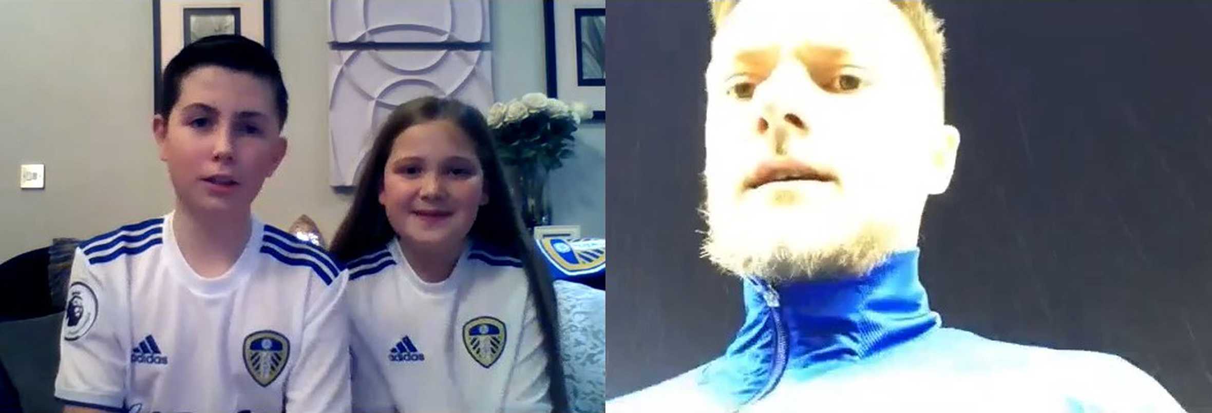 A screenshot of Elliot and his sister, chatting to Leeds captain, Liam Copper during his Zoom call.