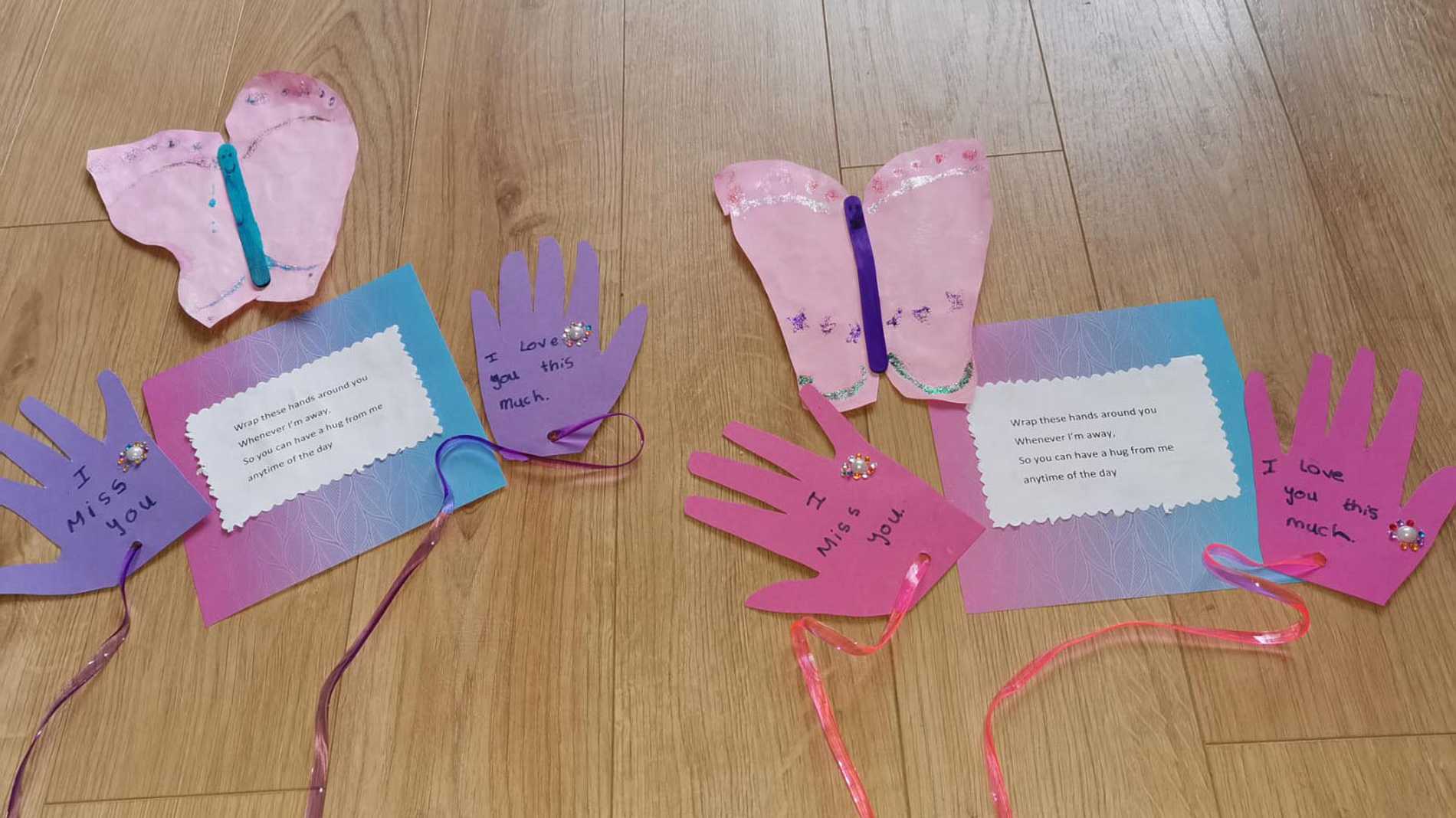 Butterflies and cut out hand prints with motivational messages, created by wish child Bethany.