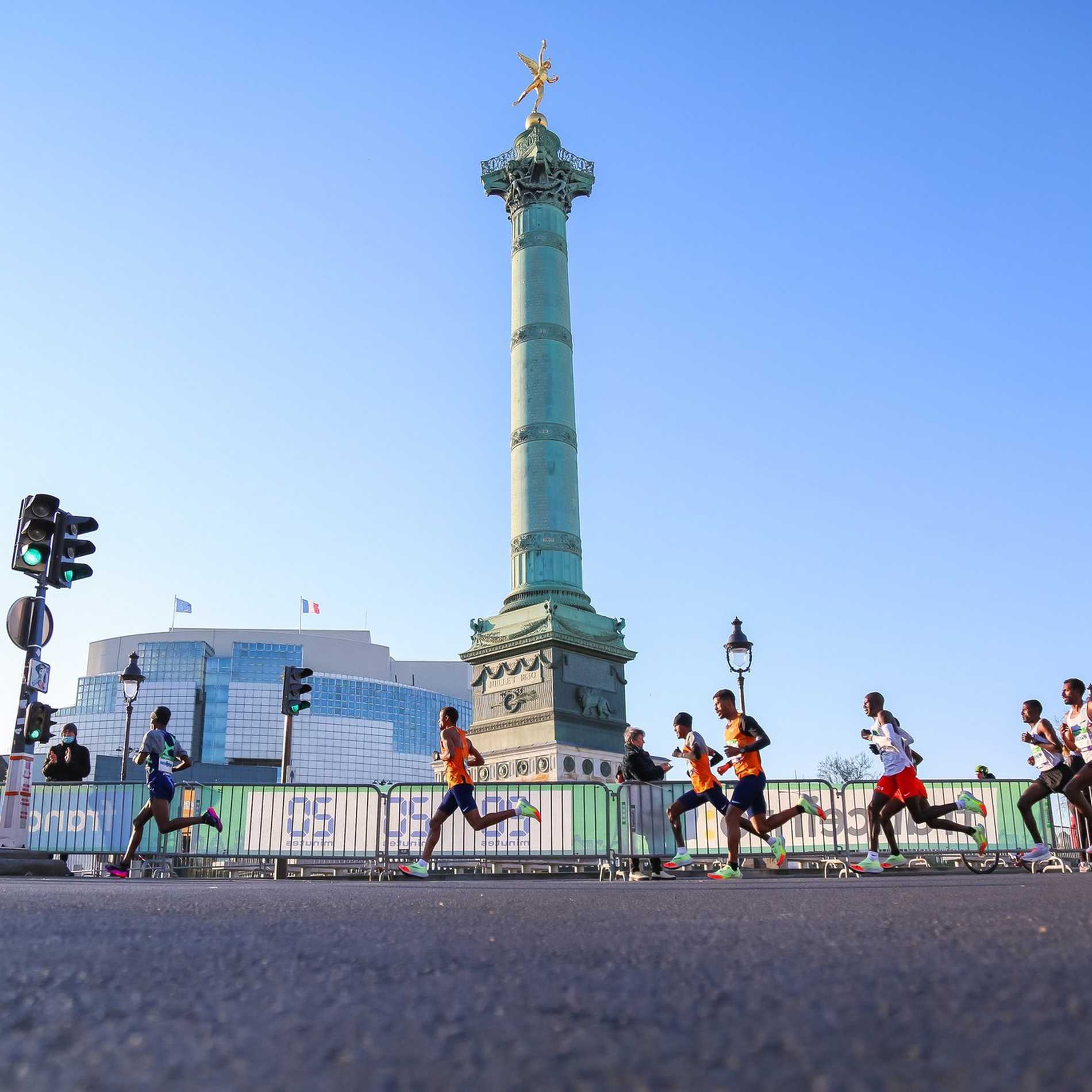 Runners passing one of Paris' iconic landmarks during the Paris Marathon.
