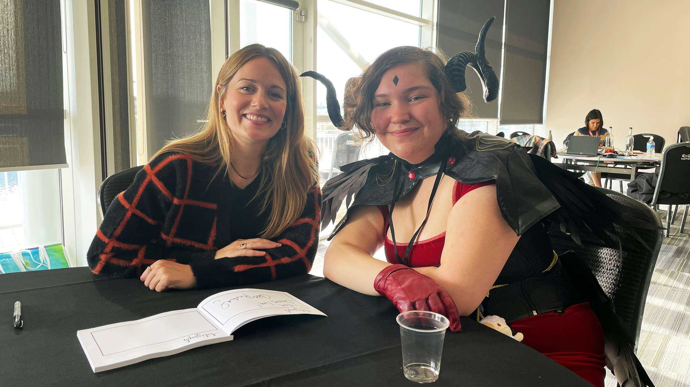 Elsie with actor, Cara Theobold, who voiced a character in the video game Overwatch
