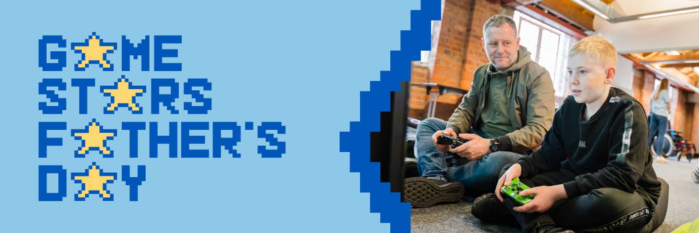 8-bit style banner with GameStars Father's Day logo and a picture of wish child, Mason playing videos games with his dad.