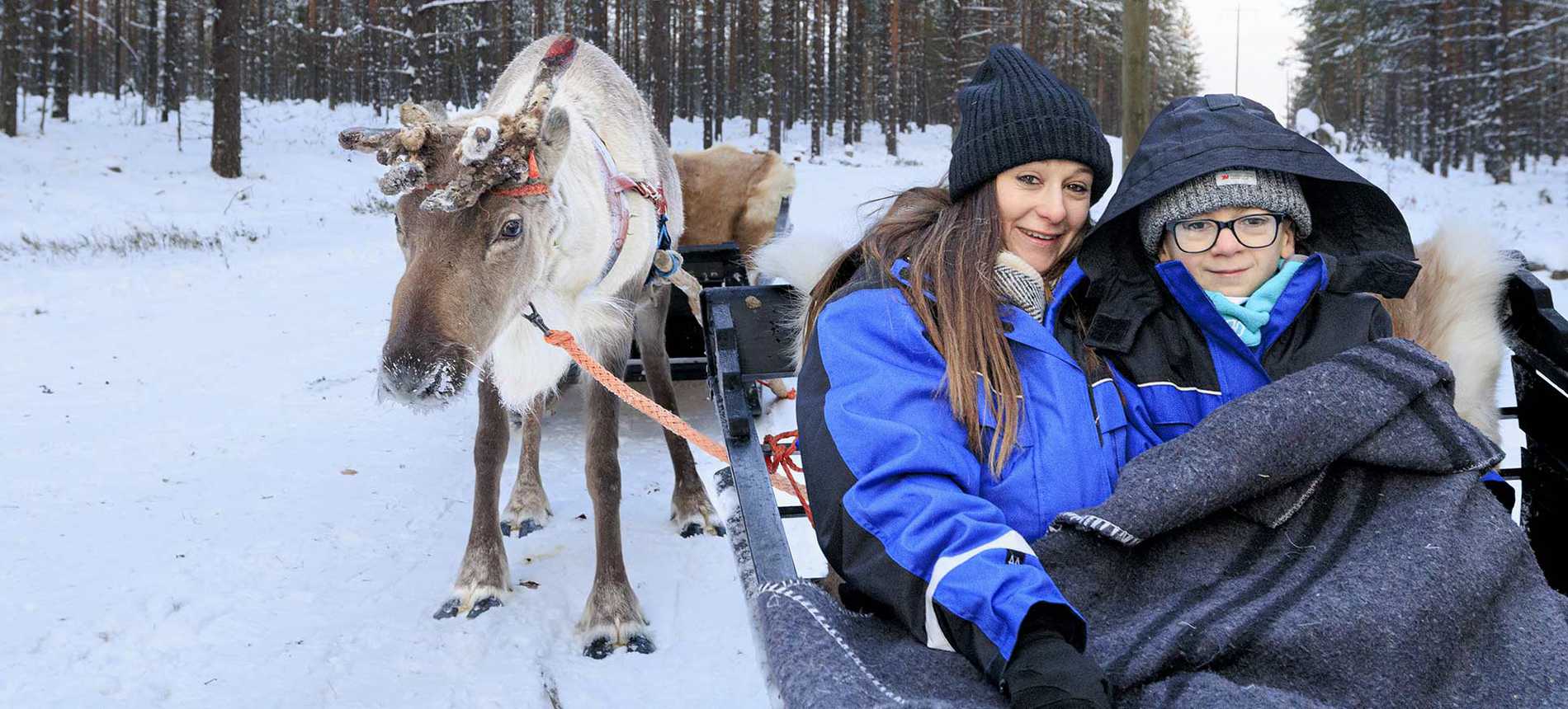 Jack and his mum all tucked up in a sleigh with a reindeer alongside, ready to go on a sleigh ride.
