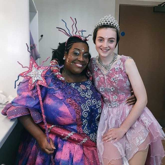Lucy and Alison Hammond in their costumes back stage, ready to perform in the pantomime.