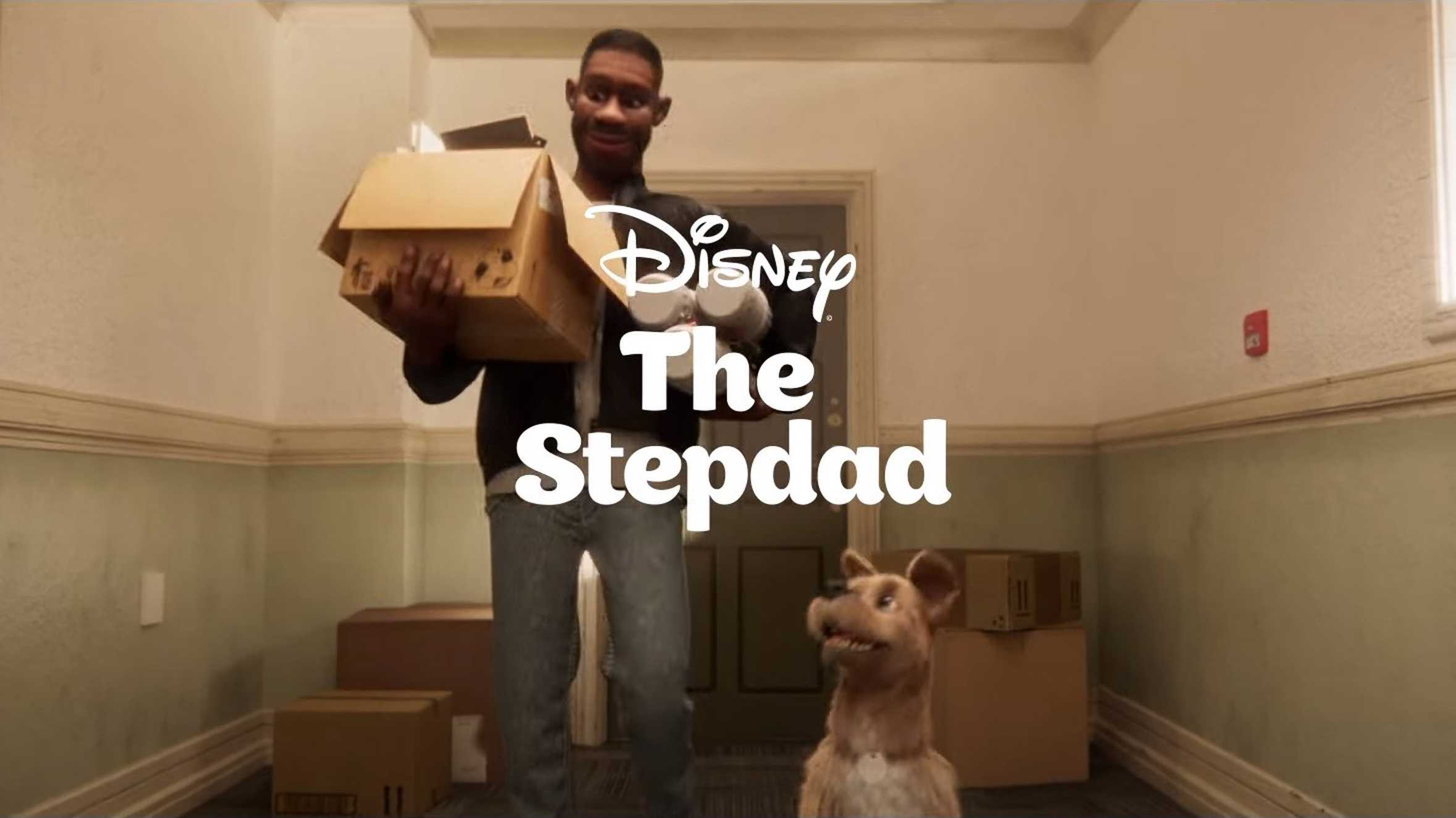 The title frame of the new Disney advert, showing the stepdad moving in with his family.