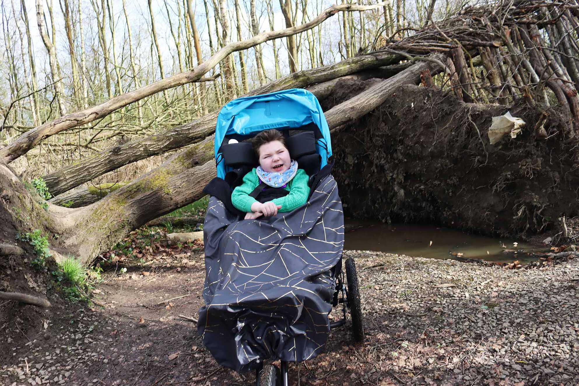 Zachariah exploring the local woods in his new buggy.