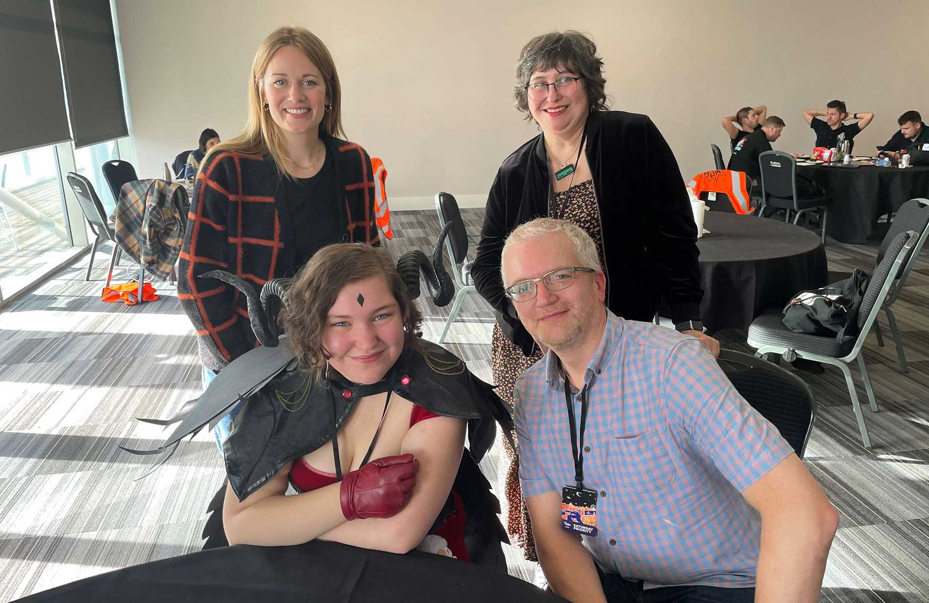 Elsie and her family with actor, Cara Theobold, who voiced a character in the video game Overwatch
