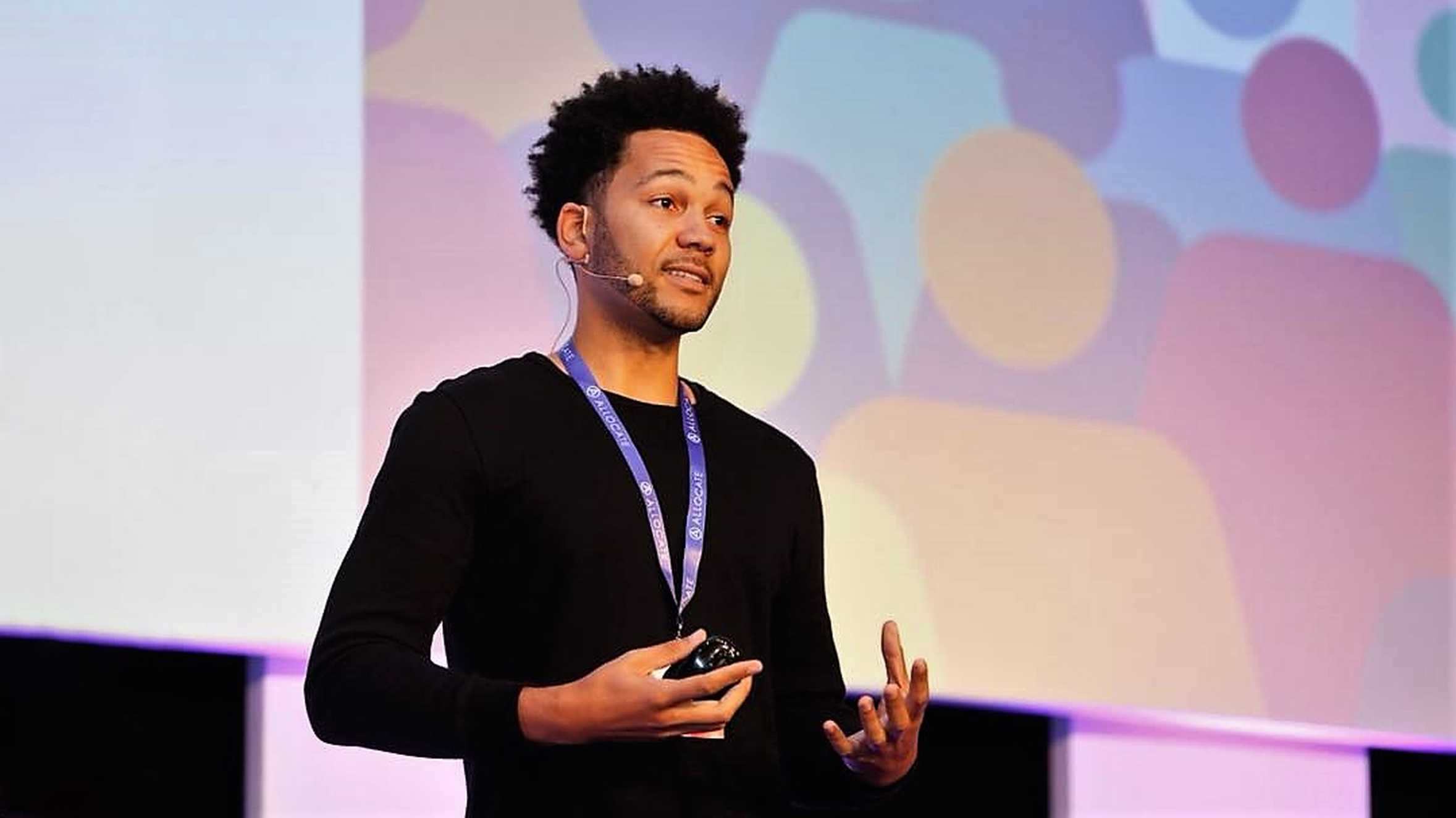 A close up of Anthony on stage during one of his motivational talks.