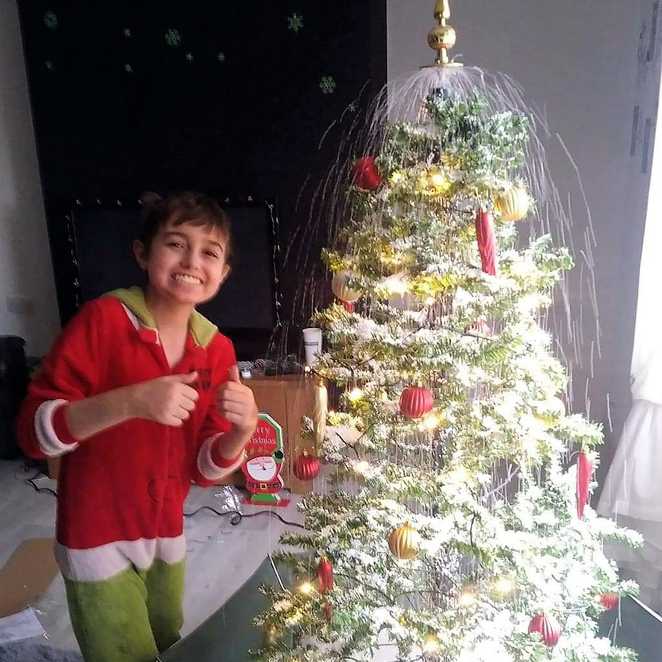 Adam, dressed as an elf, standing next to his Christmas tree.