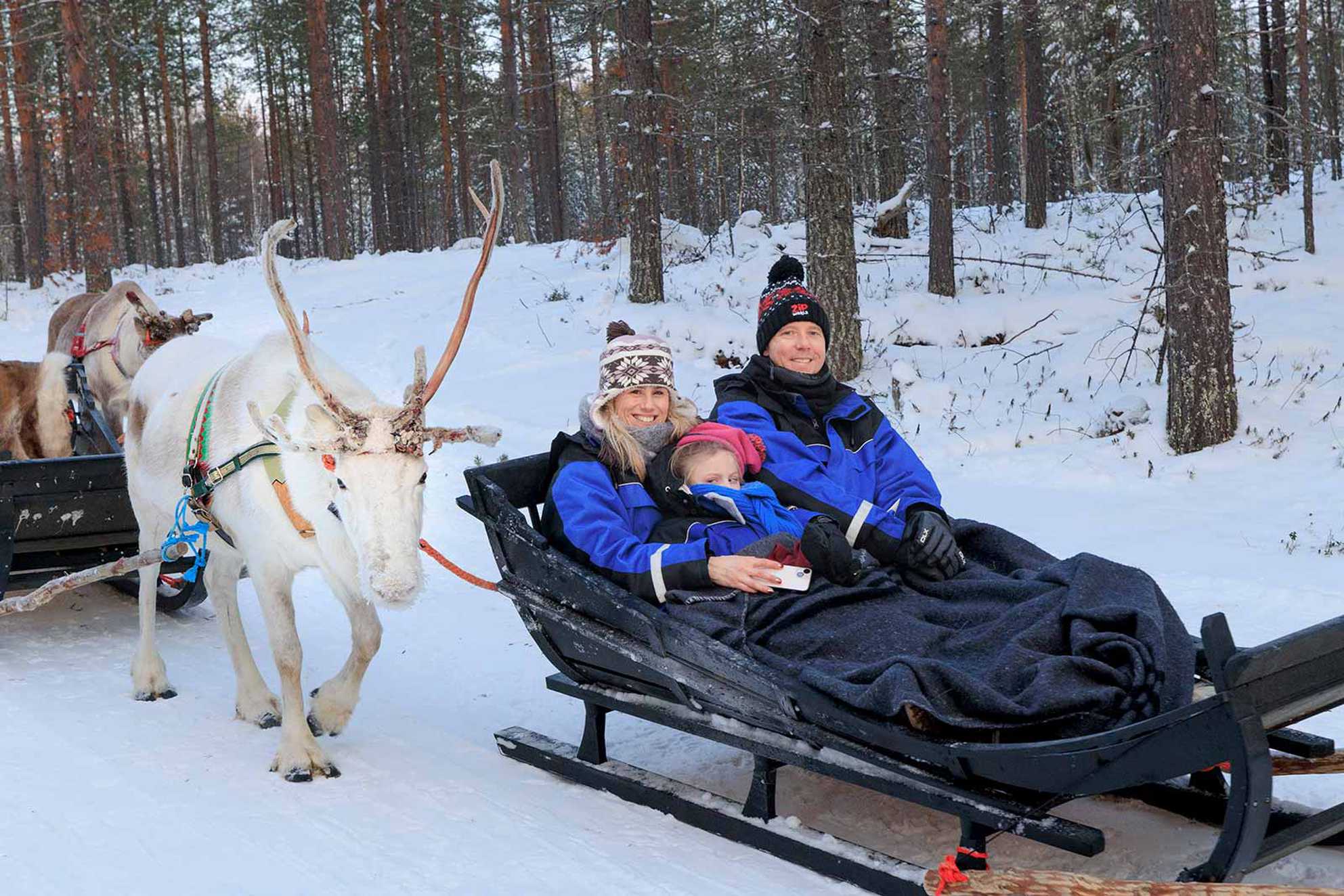 Mum, dad and Alice enjoying a reindeer sleigh ride.