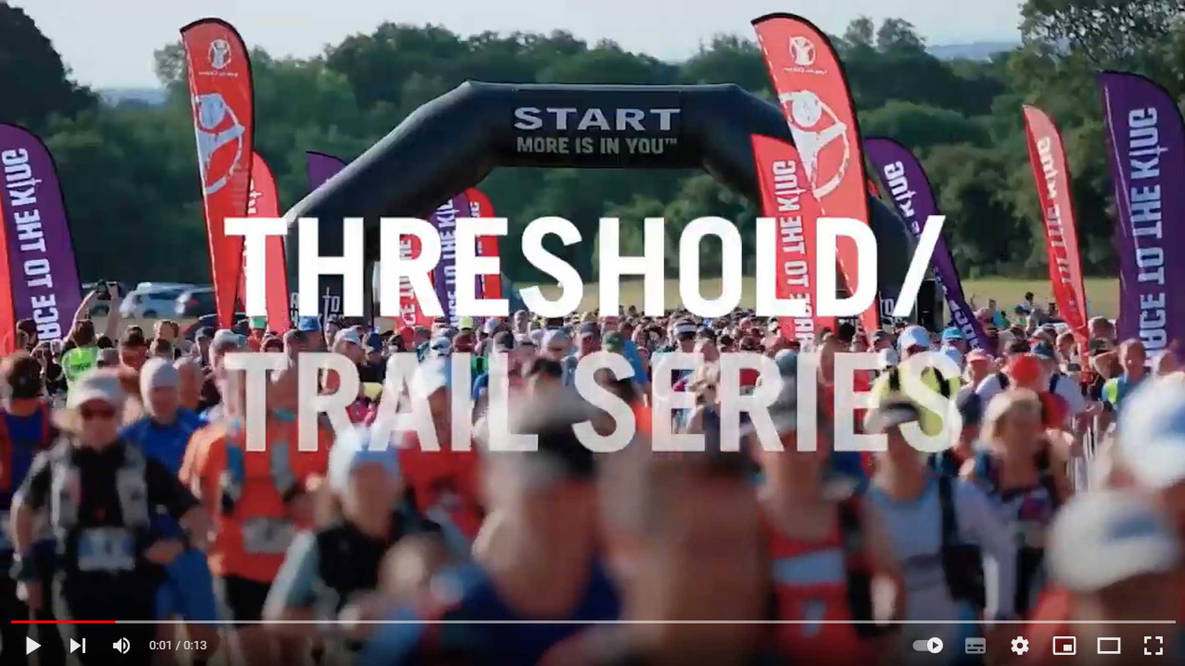An opening card for a Race to the King video, with the Thgreshold Trail Series logo overlaid onto an image of the event start line.