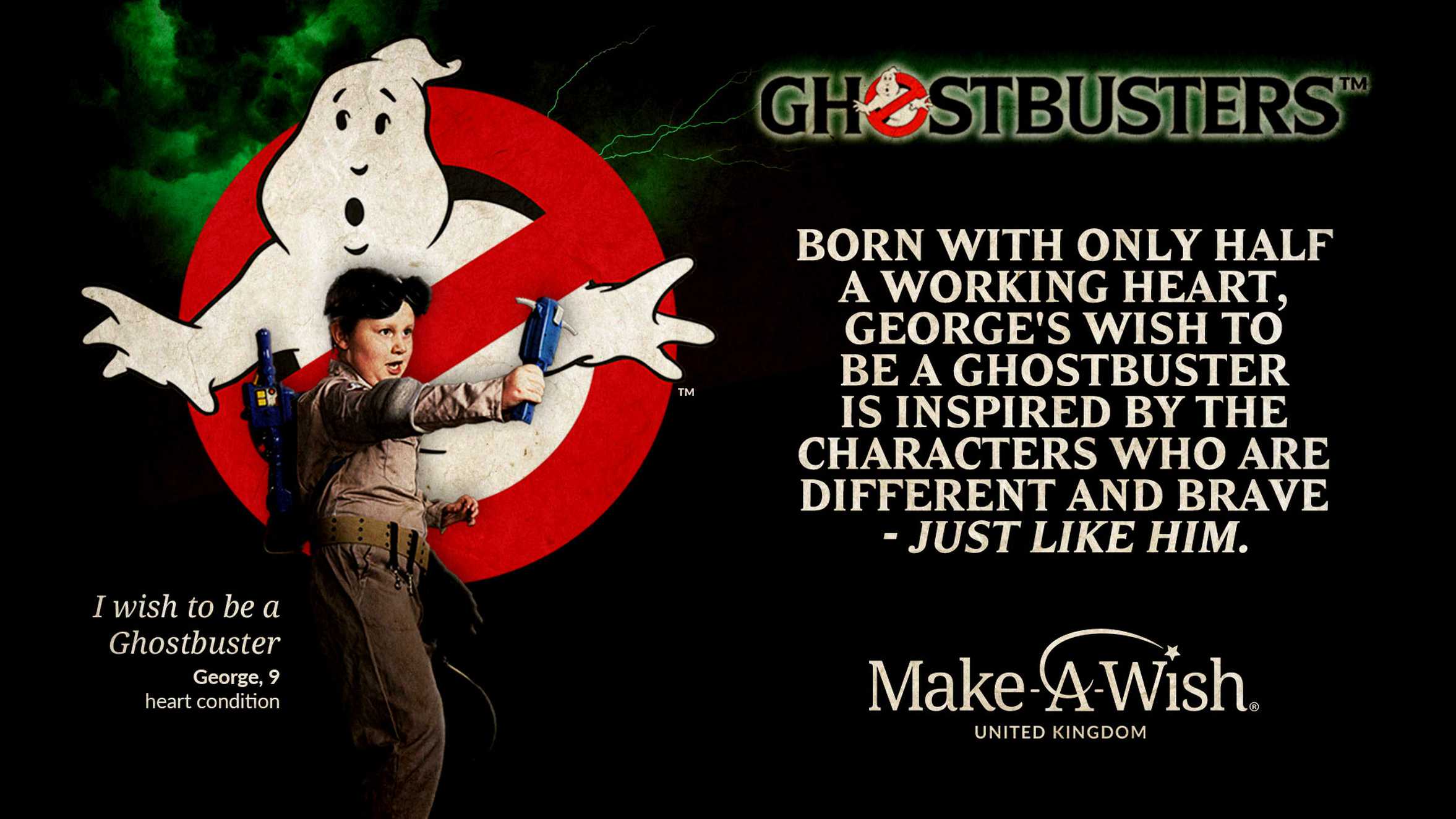 A Ghostbusters movie poster style image featuring wish child, George.