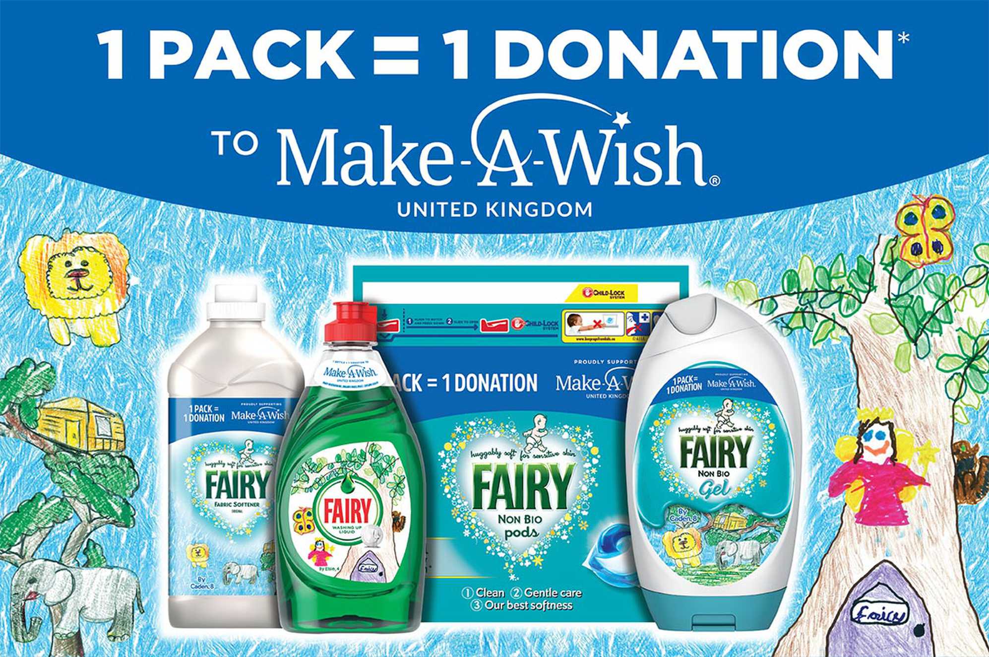 The limited edition Fairy and Fairy Non Bio products, featuring artwork by wish children, Elsie and Caden, with the text '1 pack = 1 donation'.