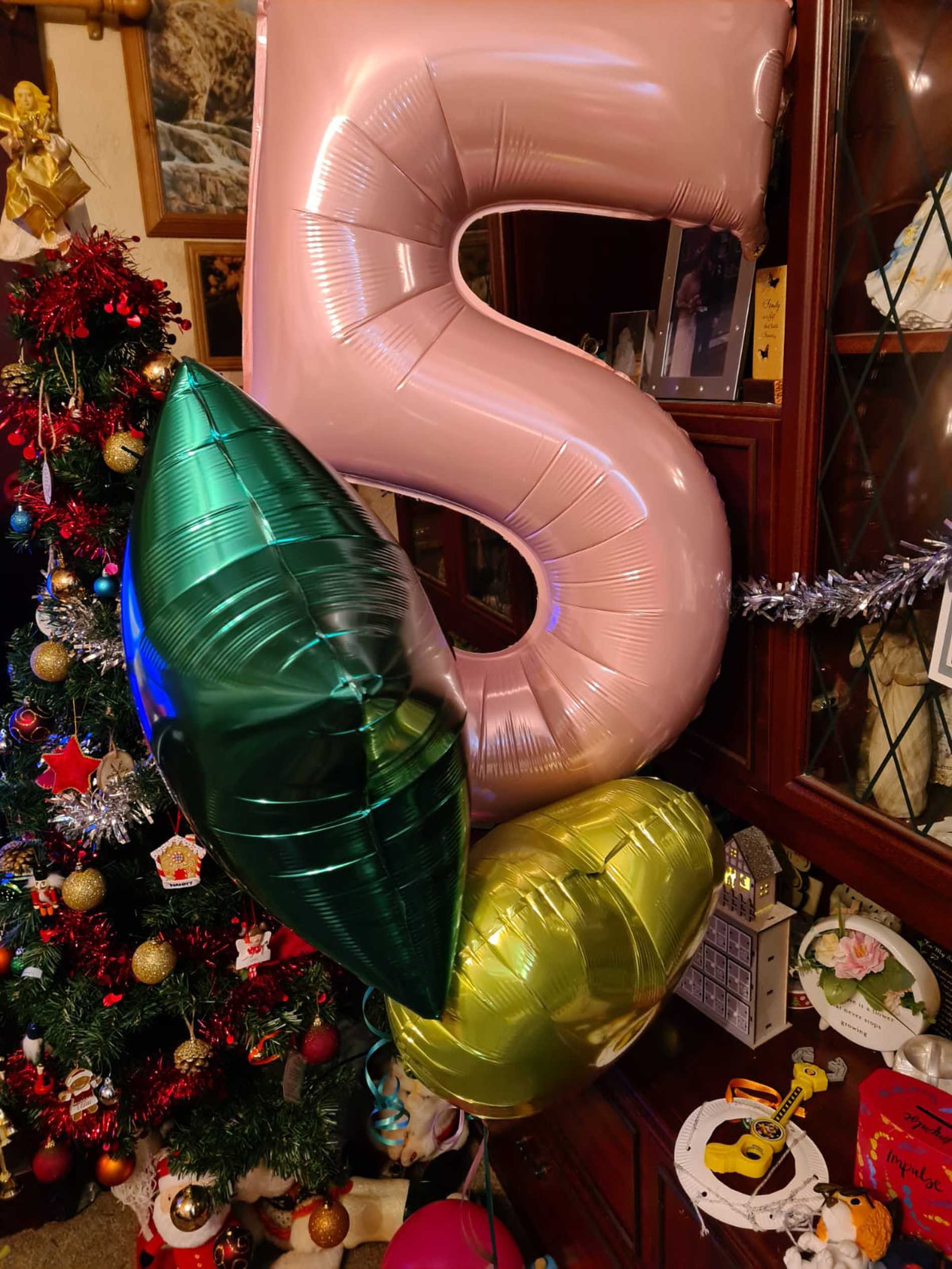 Leah's birthday ballons, including a giant number five balloon.